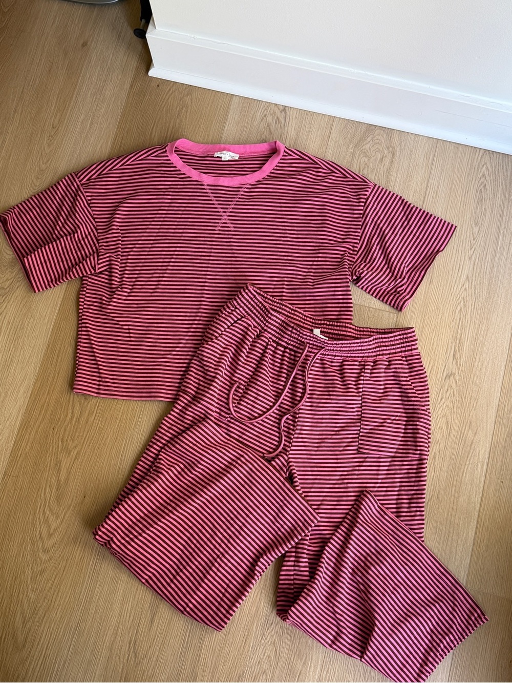 Women's Pink Striped Lounge Set - Short Sleeve Top & Drawstring Pants